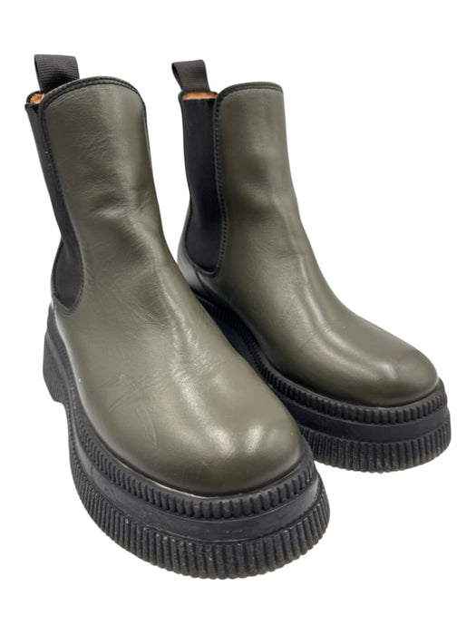 Ganni Shoe Size 36 Olive Green & Black Leather Rubber Sole Platform Booties Olive Green & Black / 36