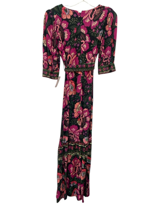 Farm Rio Size XS Black, purple & green Viscose 1/2 Balloon Sleeve V Neck Dress Black, purple & green / XS
