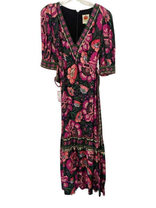 Farm Rio Size XS Black, purple & green Viscose 1/2 Balloon Sleeve V Neck Dress Black, purple & green / XS
