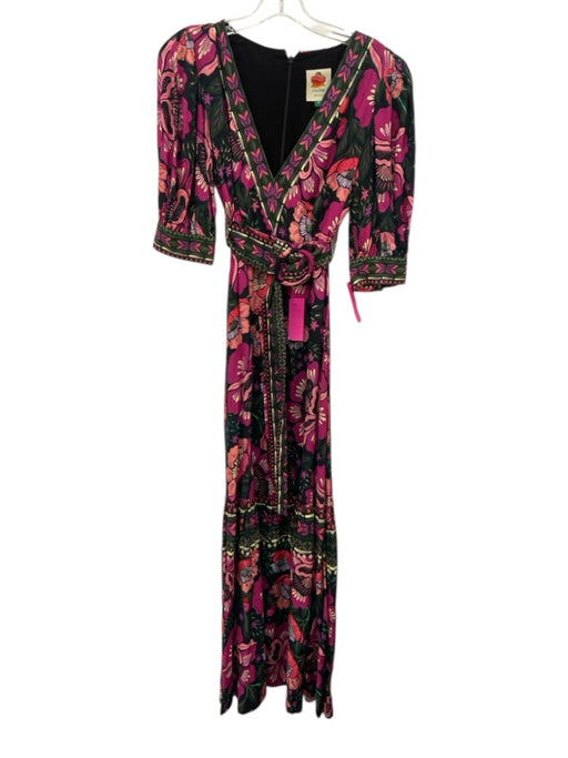 Farm Rio Size XS Black, purple & green Viscose 1/2 Balloon Sleeve V Neck Dress Black, purple & green / XS