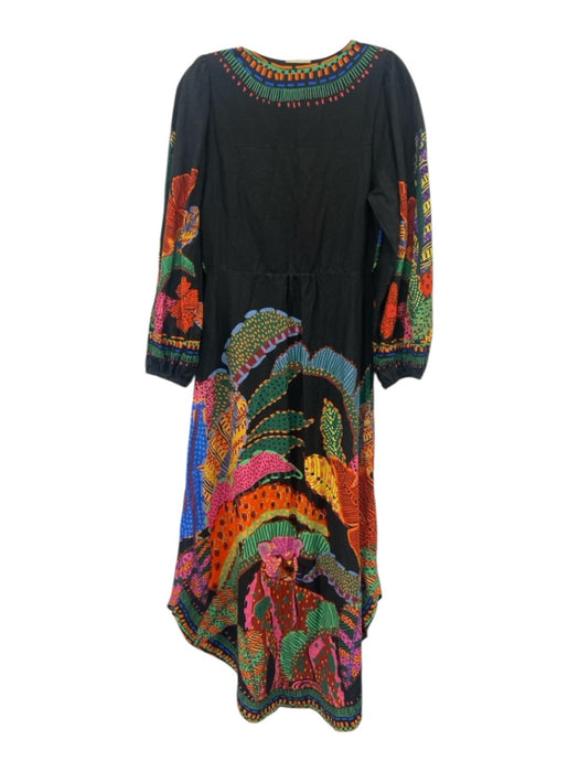 Farm Rio Size S Black & Multi Linen Blend Long Balloon Sleeve V Neck Dress Black & Multi / S