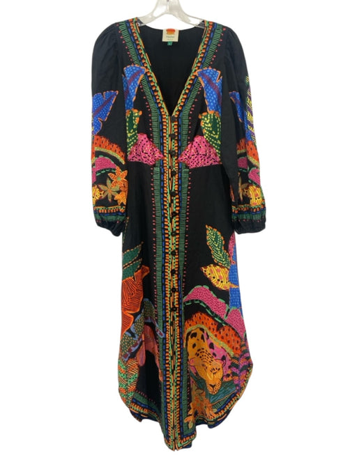 Farm Rio Size S Black & Multi Linen Blend Long Balloon Sleeve V Neck Dress Black & Multi / S