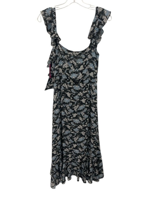 Veronica Beard Size 8 Black, Blue, White Silk Ruffle Cap Sleeve Zip Midi Dress Black, Blue, White / 8