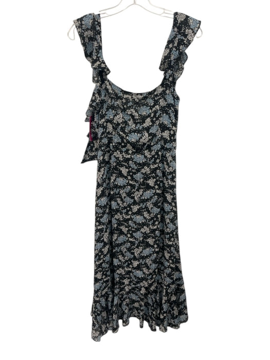 Veronica Beard Size 8 Black, Blue, White Silk Ruffle Cap Sleeve Zip Midi Dress Black, Blue, White / 8