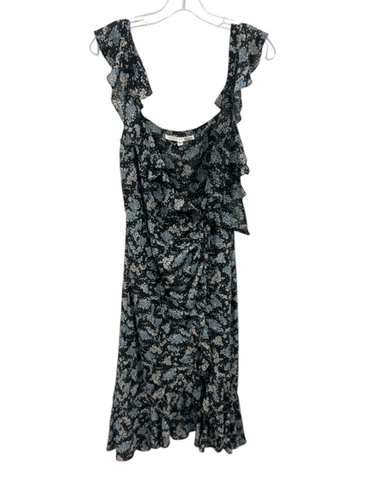 Veronica Beard Size 8 Black, Blue, White Silk Ruffle Cap Sleeve Zip Midi Dress Black, Blue, White / 8