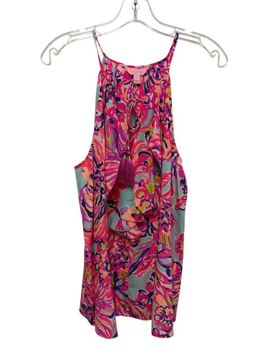 Lilly Pulitzer Size L Pink & Multi Silk Sleeveless Keyhole Front Tassel Top Pink & Multi / L