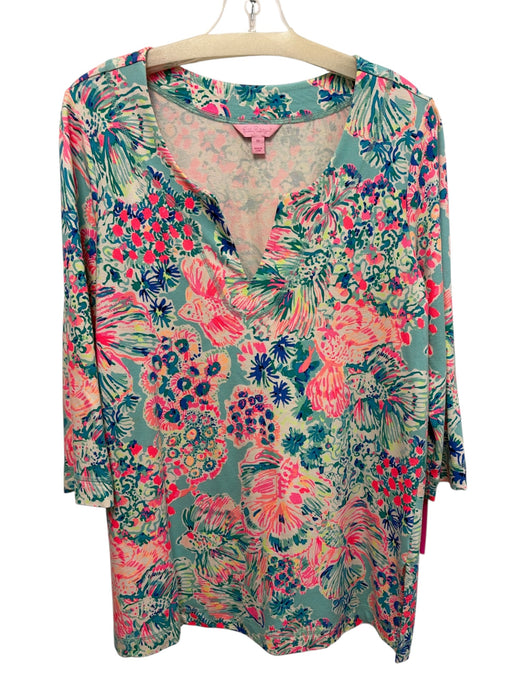 Lilly Pulitzer Size M Blue & Multi Viscose Blend V Neck Printed 3/4 Sleeve Top Blue & Multi / M