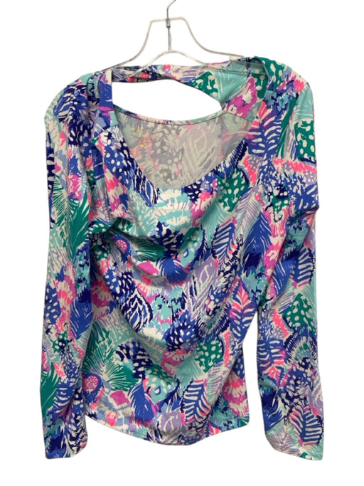 Lilly Pulitzer Size L Blue, White, Multi Cotton Blend Long Sleeve Cut Out Top Blue, White, Multi / L