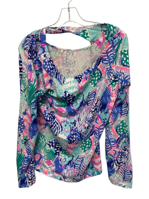Lilly Pulitzer Size L Blue, White, Multi Cotton Blend Long Sleeve Cut Out Top Blue, White, Multi / L