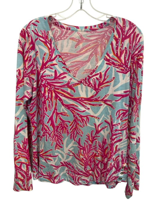 Lilly Pulitzer Size L White, Blue, Purple Cotton Long Sleeve Tropical Print Top White, Blue, Purple / L