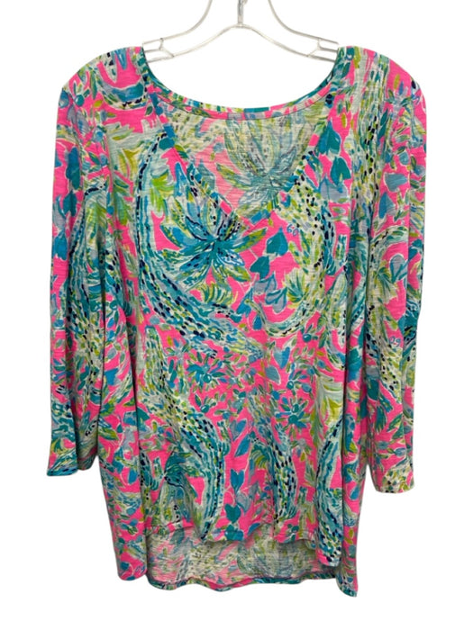 Lilly Pulitzer Size L blue, pink, multi Cotton Long Sleeve Tropical Print Top blue, pink, multi / L