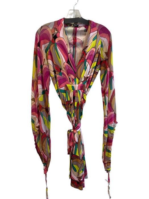 Issa London Size 6 Multi Silk Long Sheer Sleeves V Neck Attached Belt Dress Multi / 6