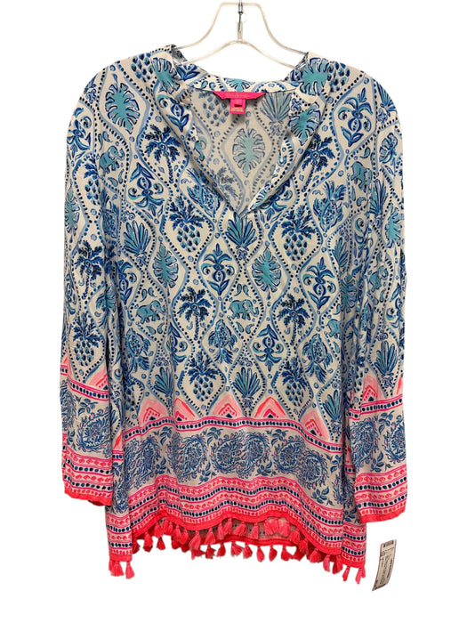 Lilly Pulitzer Size L Blue, White & Pink Rayon V Neck Long Sleeve Printed Dress Blue, White & Pink / L