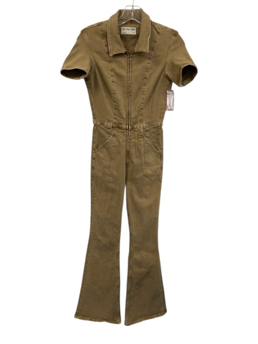 We The Free Size XS Khaki Beige Cotton Blend Denim Short Sleeve Flare Jumpsuit Khaki Beige / XS