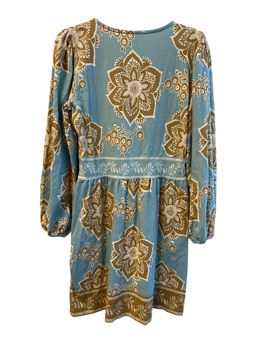 Spartina Size M Blue & Brown Cotton Balloon Sleeve Floral Print V Neck Dress Blue & Brown / M