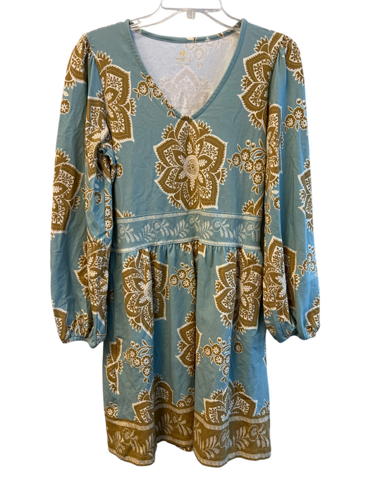 Spartina Size M Blue & Brown Cotton Balloon Sleeve Floral Print V Neck Dress Blue & Brown / M