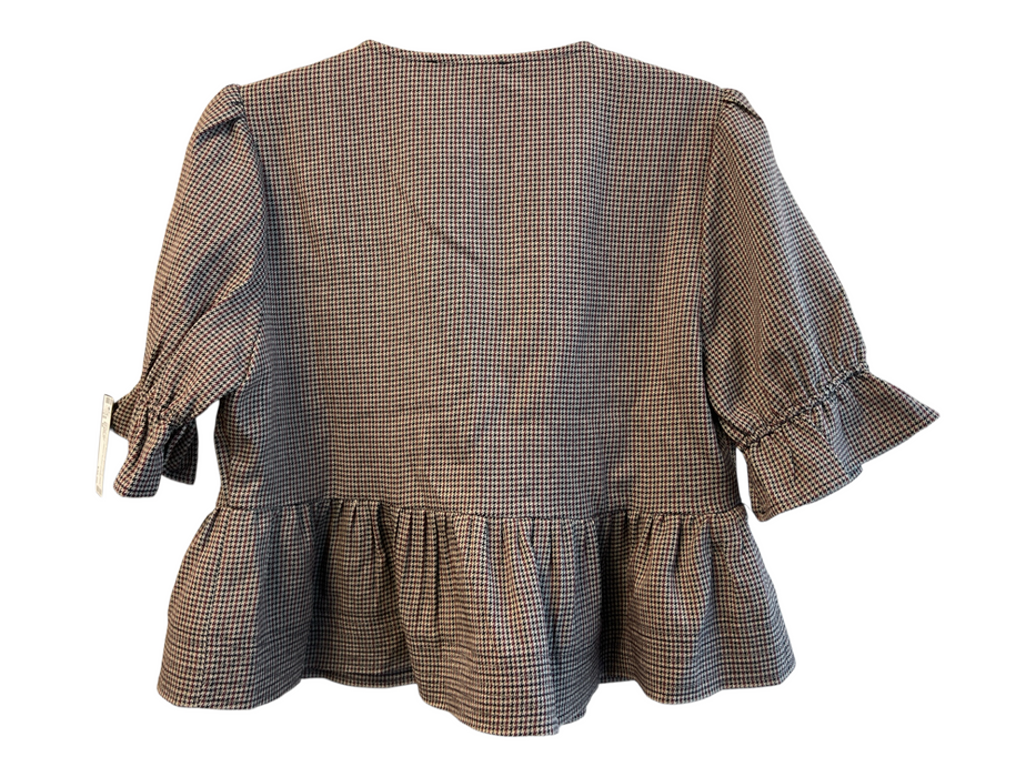 En Saison Size M Brown Polyester Bow detail Plaid 3/4 Sleeve Cropped Top Brown / M