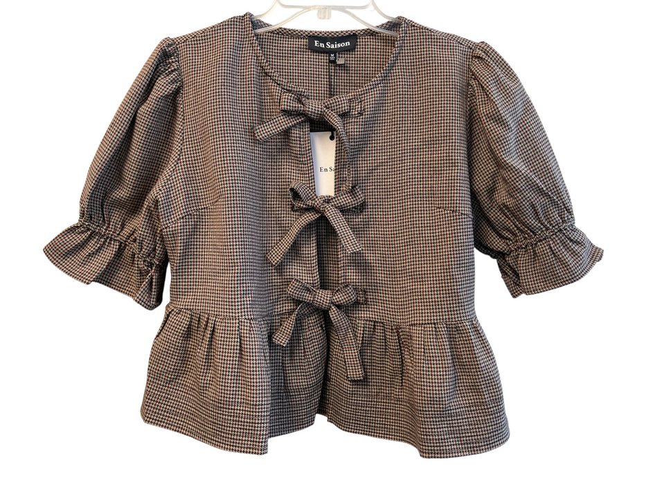 En Saison Size M Brown Polyester Bow detail Plaid 3/4 Sleeve Cropped Top Brown / M