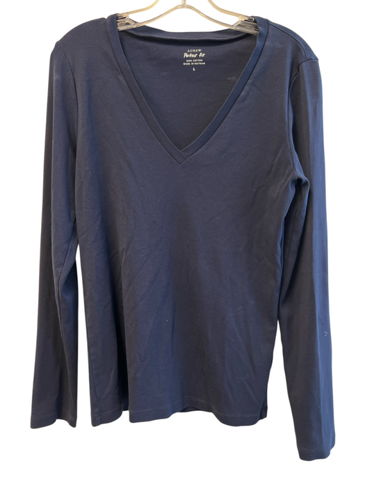 J Crew Size L Navy Blue Cotton Long Sleeve solid color V Neck Basic Cut Top Navy Blue / L
