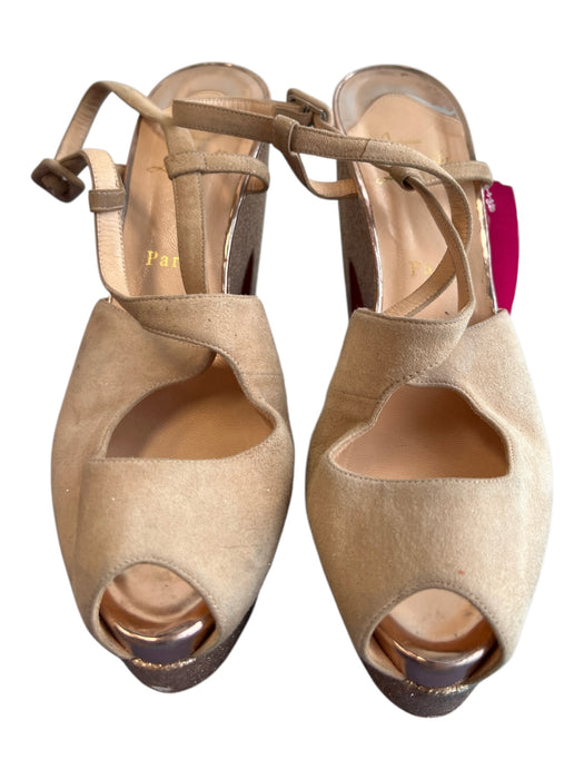 Christian Louboutin Shoe Size 40.5 Beige Suede Chunky Heel Peep Toe Shoes Beige / 40.5