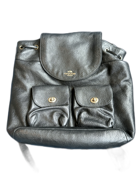 Coach Black & Silver Leather Turnlock Drawstring Backpack Bag Black & Silver / L