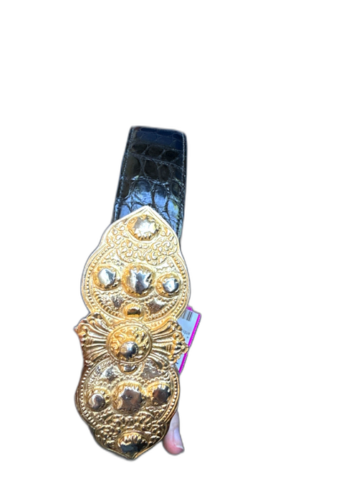 Black & Gold Leather Croc Front Hook Large Buckle Belts Black & Gold / Est XS