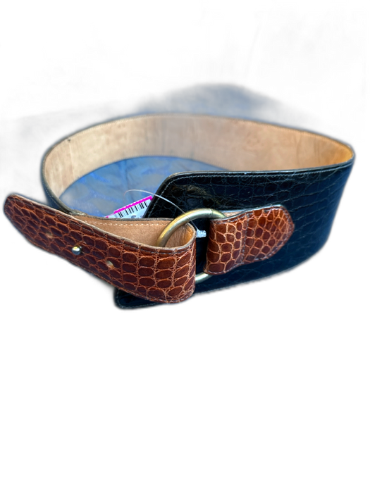Black & Brown Leather Croc Embossed Wide Brass Hardware Belts Black & Brown / Est S