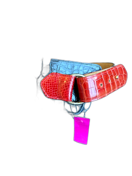 Navy & Red Leather Croc Wide Brass Hardware Belts Navy & Red / Est S