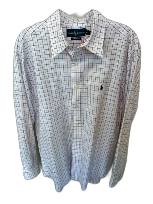 Ralph Lauren Size 16.5 Pink & White Print Cotton Black Detail Button Down Shirt Pink & White Print / 16.5