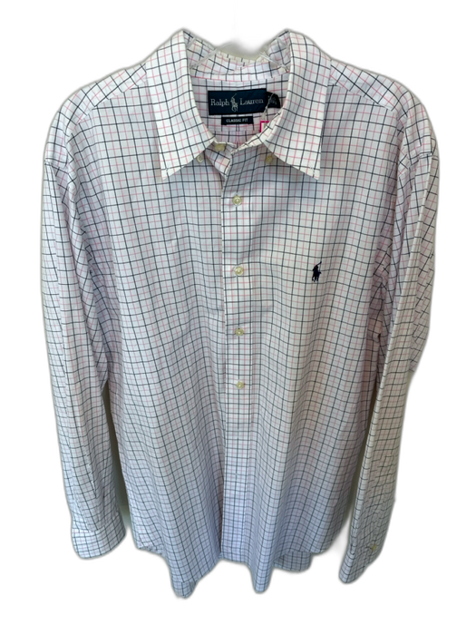 Ralph Lauren Size 16.5 Pink & White Print Cotton Black Detail Button Down Shirt Pink & White Print / 16.5