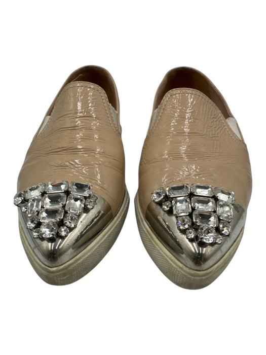 Miu Miu Shoe Size 38.5 Beige & Silver Leather Upper Toe Cap Pointed Toe Loafers Beige & Silver / 38.5