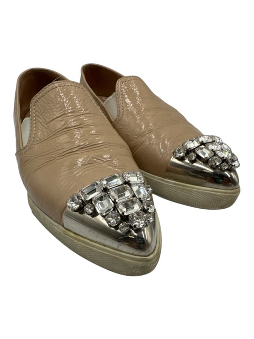 Miu Miu Shoe Size 38.5 Beige & Silver Leather Upper Toe Cap Pointed Toe Loafers Beige & Silver / 38.5