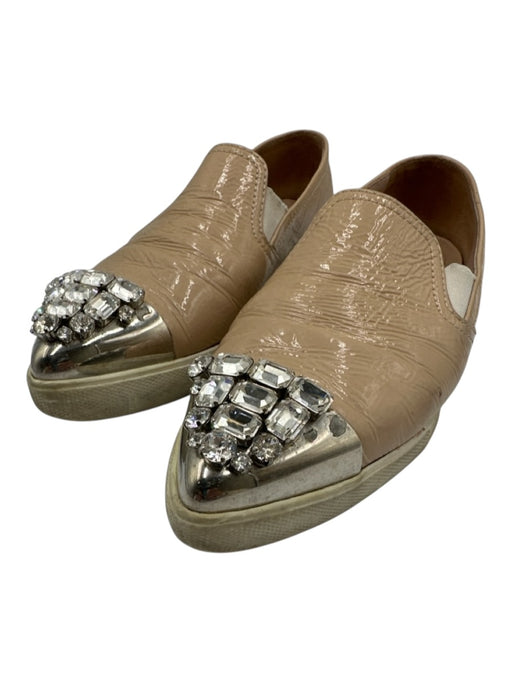 Miu Miu Shoe Size 38.5 Beige & Silver Leather Upper Toe Cap Pointed Toe Loafers Beige & Silver / 38.5