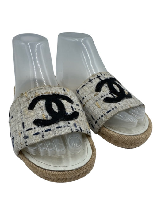 Chanel Shoe Size 38 White, Beige & Black textile upper Tweed Espadrille Sandals White, Beige & Black / 38