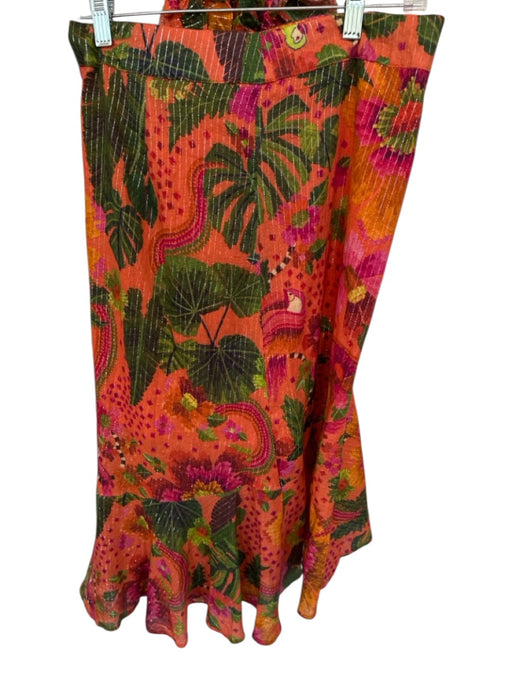 En Creme Size S/M Green & Orange Cotton Blend Smocked Tropical Midi Skirt Set Green & Orange / S/M