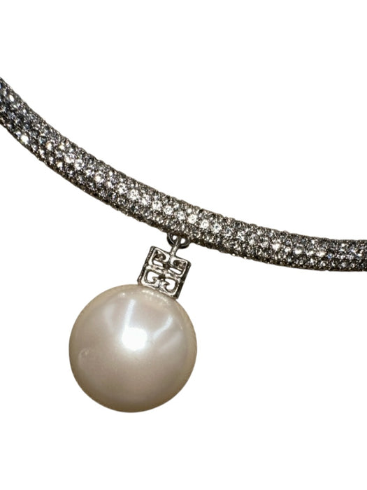 Givenchy Silver Crystal Faux Pearl Pendant Open Hoop Choker Necklace Silver