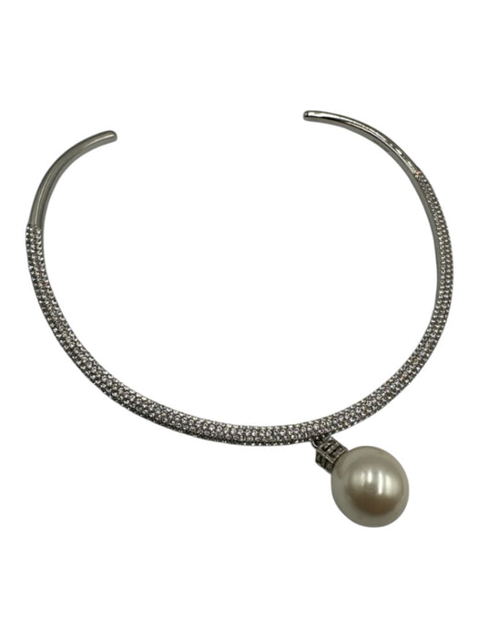 Givenchy Silver Crystal Faux Pearl Pendant Open Hoop Choker Necklace Silver