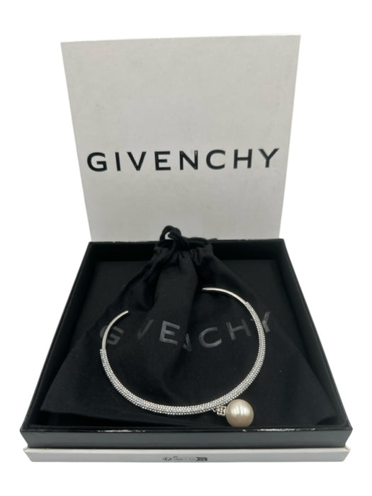 Givenchy Silver Crystal Faux Pearl Pendant Open Hoop Choker Necklace Silver