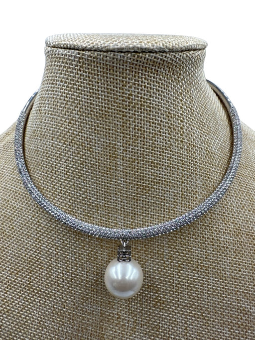 Givenchy Silver Crystal Faux Pearl Pendant Open Hoop Choker Necklace Silver