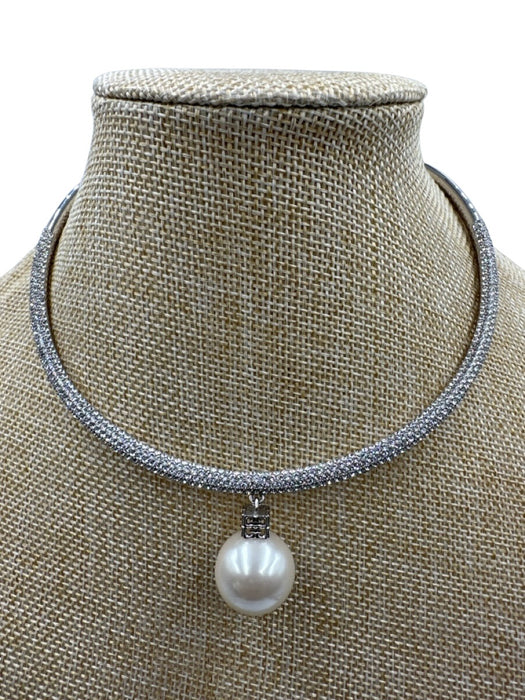 Givenchy Silver Crystal Faux Pearl Pendant Open Hoop Choker Necklace Silver