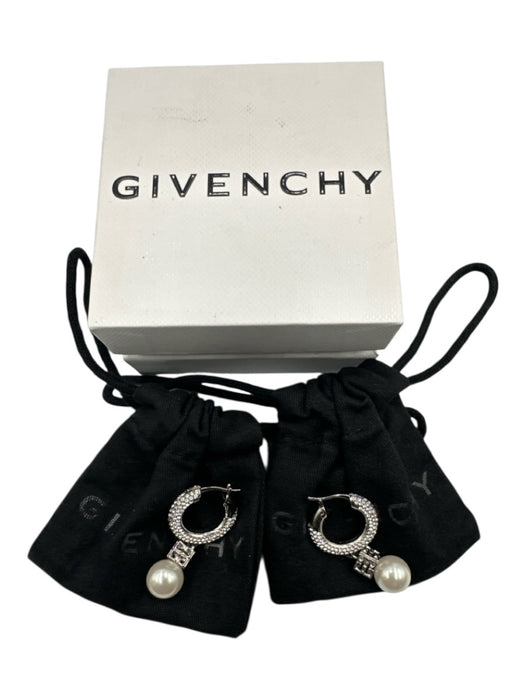 Givenchy Silver & White Faux Pearl Hoop Crystal Logo Dangle Earrings Silver & White