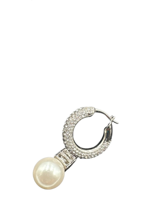 Givenchy Silver & White Faux Pearl Hoop Crystal Logo Dangle Earrings Silver & White