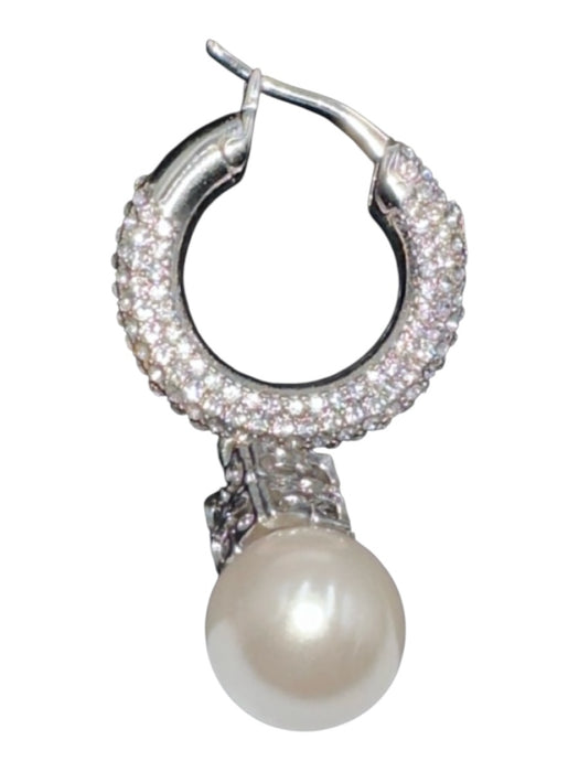 Givenchy Silver & White Faux Pearl Hoop Crystal Logo Dangle Earrings Silver & White