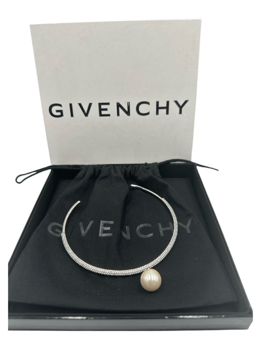Givenchy Silver & White Faux Pearl Hoop Crystal Logo Dangle Earrings Silver & White