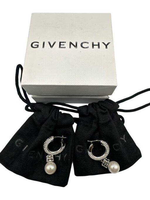 Givenchy Silver & White Faux Pearl Hoop Crystal Logo Dangle Earrings Silver & White