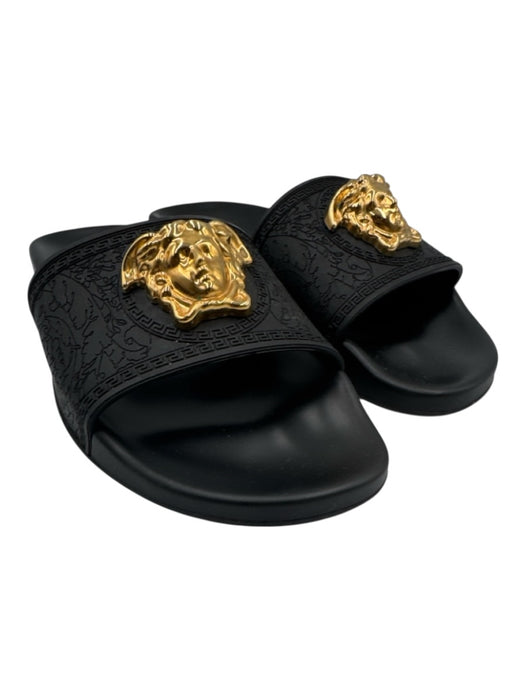 Versace Shoe Size est 38 Black & Gold Rubber Medusa Greek Key Open Toe Sandals Black & Gold / est 38