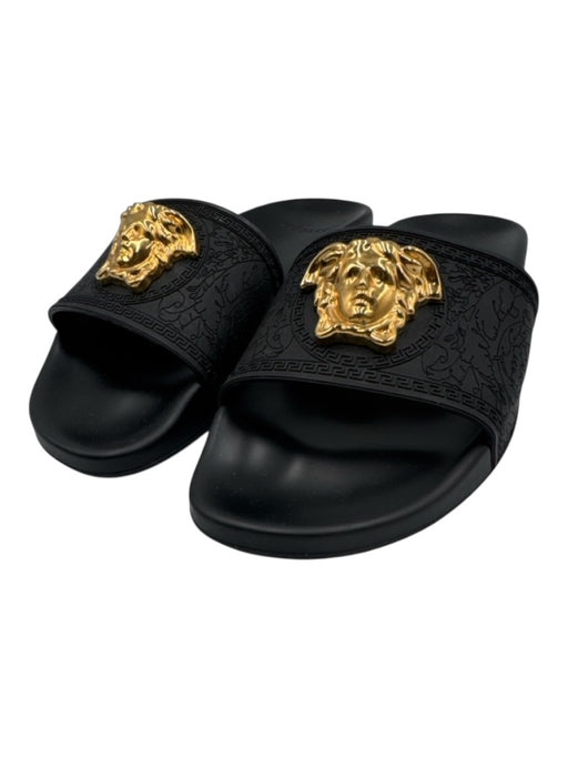 Versace Shoe Size est 38 Black & Gold Rubber Medusa Greek Key Open Toe Sandals Black & Gold / est 38