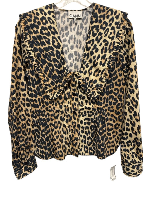 Ganni Size 34 Brown & Black Cotton Leopard Print Long Sleeve Button up Top Brown & Black / 34