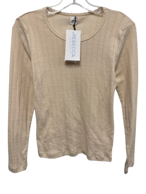 Leset Size S Cream Beige Cotton Pointelle Knit Long Sleeve Scalloped Detail Top Cream Beige / S