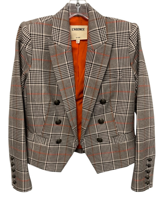 L'agence Size 2 Black, White & Orange Print Cotton Houndstooth Check Jacket Black, White & Orange Print / 2